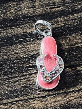 925 Sterling Silver Pink Enameled Flip Flop Charm with Pink CZ Stones